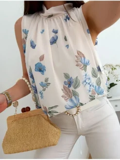 Blusa blanca estampado floral AZUL tipo globo Garden (V36)