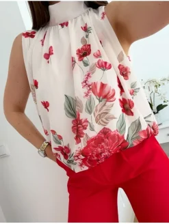 Blusa blanca estampado floral ROJO tipo globo Garden (V36)
