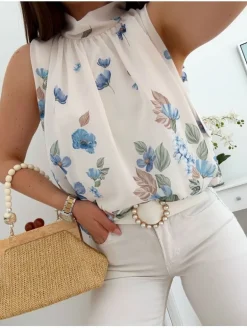 Blusa blanca estampado floral AZUL tipo globo Garden (V36)
