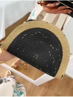 Bolso de mano rafia negro filo dorado HERA