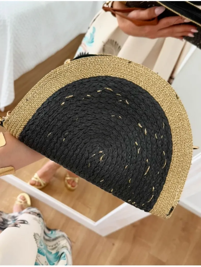 Bolso de mano rafia negro filo dorado HERA