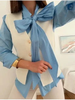Camisa AZUL lazada cuello amplia Femme (M17)