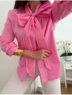 Camisa ROSA lazada cuello amplia Femme (M17)