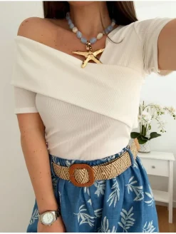 Camiseta BLANCA canalé tirantes cruzados Leire (V36)