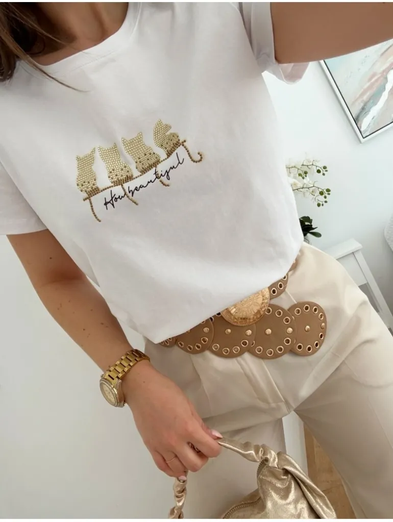 Camiseta blanca gatitos brillo (V09)