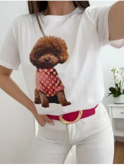 Camiseta blanca manga corta Caniche Toy jersey fucsia