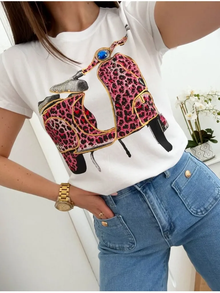 Camiseta blanca manga corta moto animal print FUCSIA 5392 (V09)