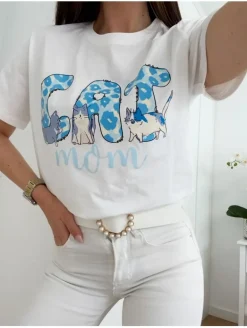 Camiseta blanca manga corta CAT AZUL (V07)