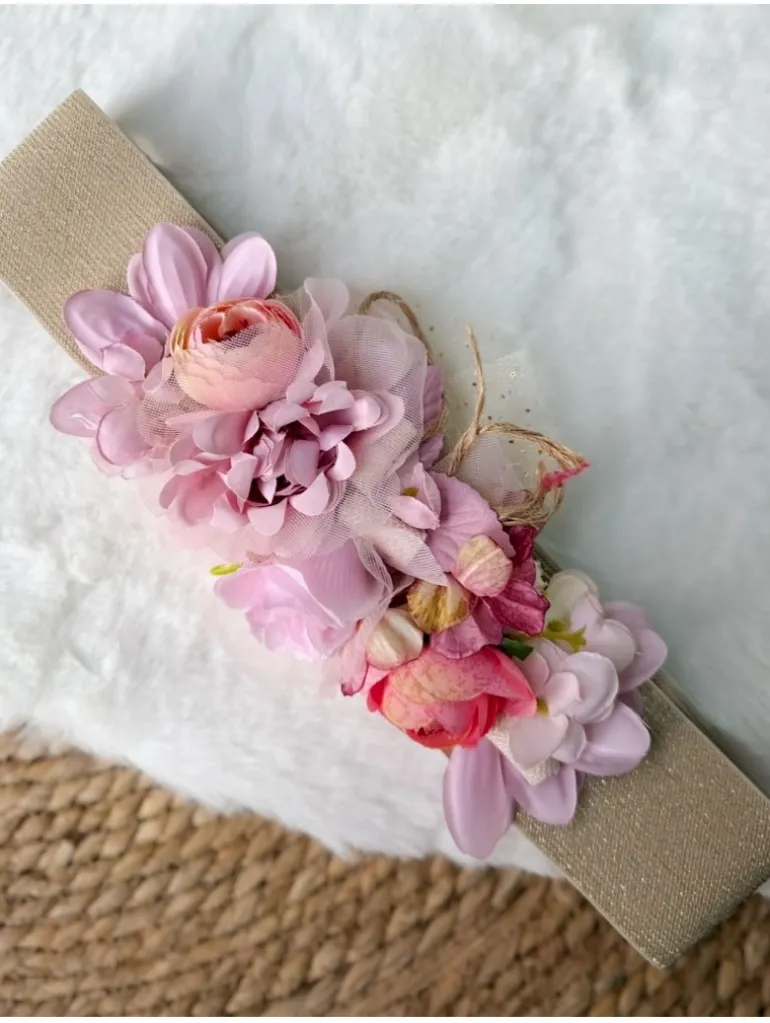 Cinturón elástico lamé dorado flores rosas Hada