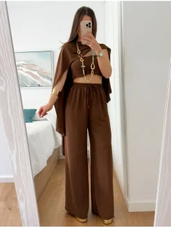 Conjunto 3 piezas pantalón/top/capa MARRÓN Besalú (A37)