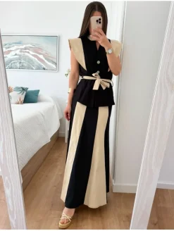 Conjunto bicolor NEGRO y marfil chaqueta y falda Caye (D17)