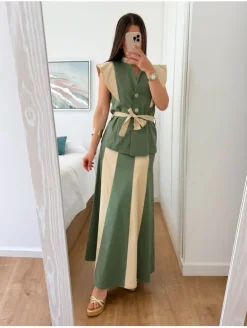 Conjunto bicolor VERDE y marfil chaqueta y falda Caye (D17)