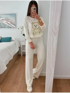 Conjunto BLANCO punto fino OSITO dorado glitter Julia (V36)