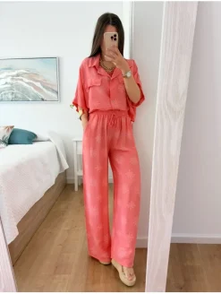 Conjunto BLUSA y PANTALÓN coral circulos étnicos blancos Kambao (L37)