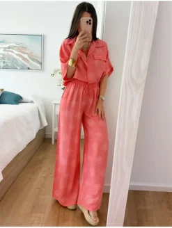 Conjunto BLUSA y PANTALÓN coral circulos étnicos blancos Kambao (L37)