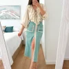 Conjunto chaleco y falda antelina tonos aguamar y marfil (V03)