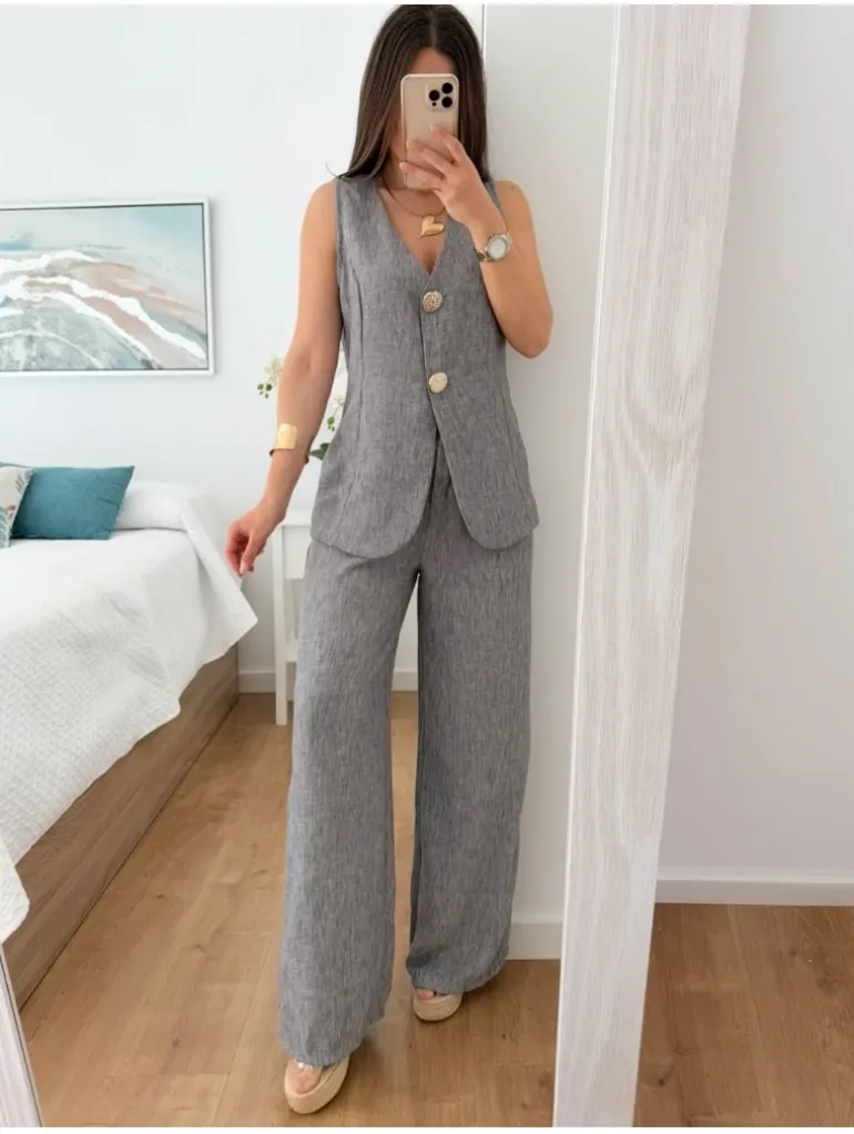 Conjunto chaleco y pantalón gris efecto lino Atenea (V36)