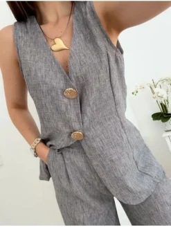 Conjunto chaleco y pantalón gris efecto lino Atenea (V36)