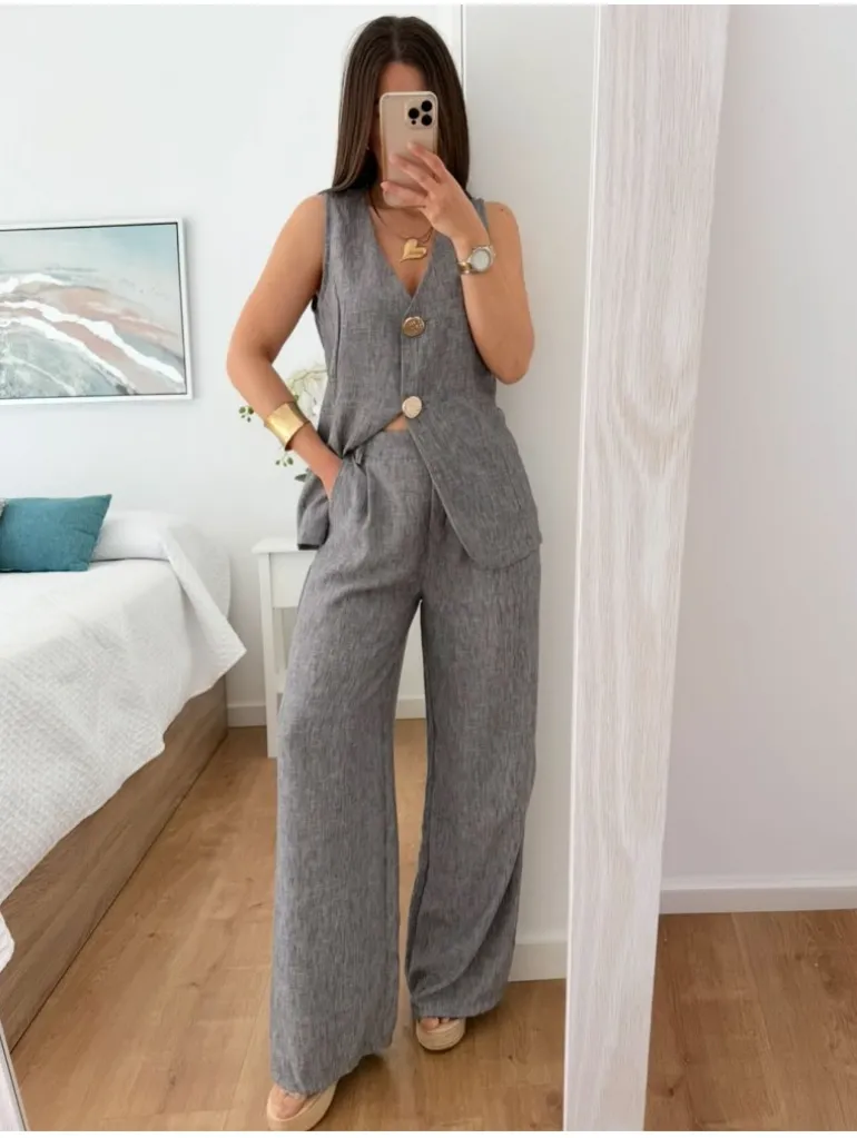 Conjunto chaleco y pantalón gris efecto lino Atenea (V36)