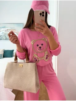 Conjunto ROSA punto fino OSITO dorado glitter Julia (V36)