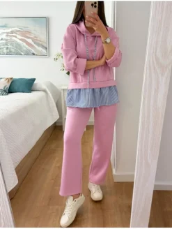 Conjunto ROSA sudadera capucha bajo camisa rayitas Cassandra(37)