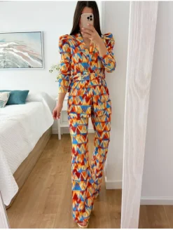 Conjunto traje pantalón estampado geometrico naranja y azul  (M18)