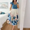 Falda tablas midi BLANCO estampado flores AZULES  (BMC)