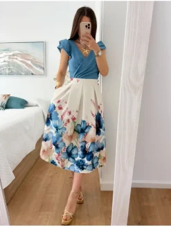 Falda tablas midi BLANCO estampado flores AZULES (BMC)