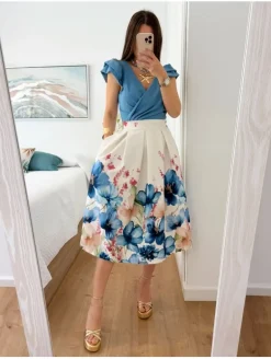 Falda tablas midi BLANCO estampado flores AZULES  (BMC)
