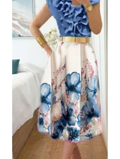 Falda tablas midi BLANCO estampado flores AZULES  (BMC)