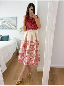 Falda tablas midi marfil estampado flores CORAL