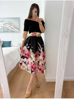 Falda tablas midi NEGRA estampado flores ROSAS  (BMC)