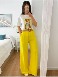 Pantalón fluido AMARILLO con cinturón rafia Royal 1609  (V36)