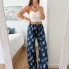 Pantalón fluido AZUL OSCURO hojas con cinturón rafia (V36)