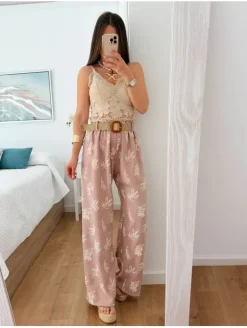 Pantalón fluido ROSA hojas con cinturón rafia (V36)