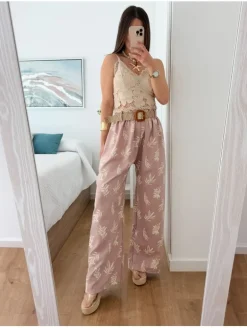 Pantalón fluido ROSA hojas con cinturón rafia (V36)