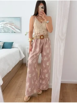 Pantalón fluido ROSA hojas con cinturón rafia (V36)