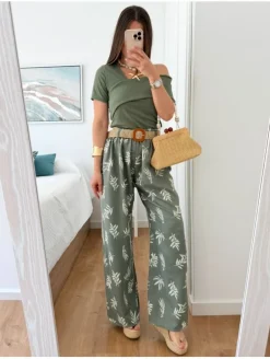 Pantalón fluido VERDE KAKI hojas con cinturón rafia (V36)