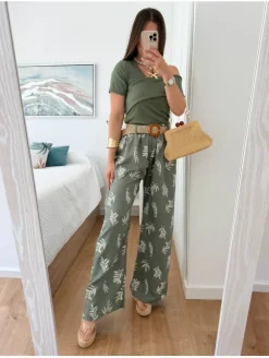 Pantalón fluido VERDE KAKI hojas con cinturón rafia (V36)