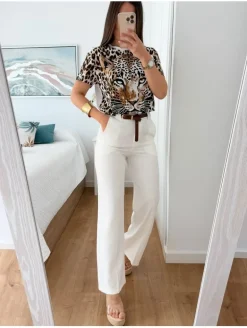Pantalón pinza blanco cinturón marrón Classic 2655 (V05)
