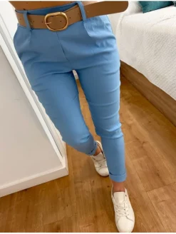 Pantalón tela AZUL cinturón hebilla dorada Doris 9792 (V07)