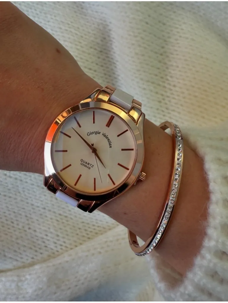Reloj correa eslabones combinada BLANCO/ORO ROSA Valentina