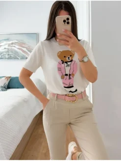 Suéter BLANCO manga corta osito traje rosa IOL (V36)