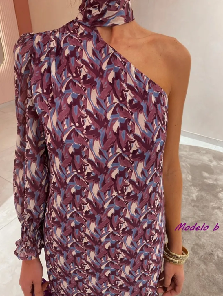 Vestido asimétrico pinceladas pañuelo cuello Vega (M18)