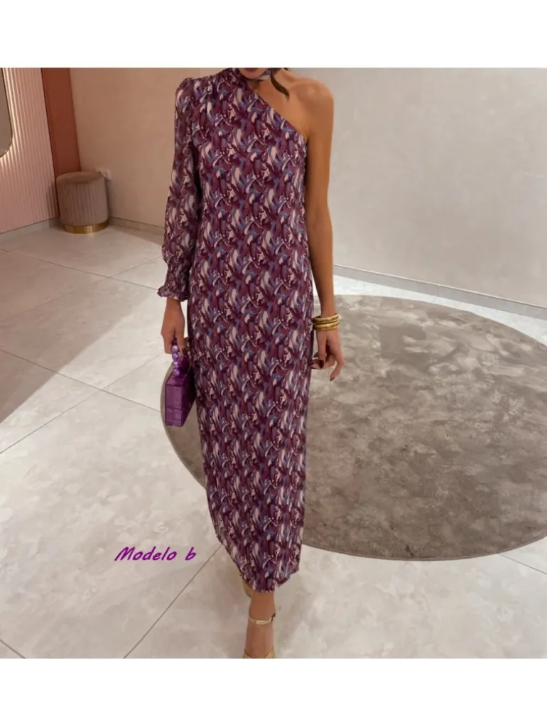 Vestido asimétrico pinceladas pañuelo cuello Vega (M18)