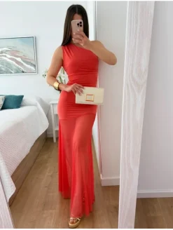 Vestido CORAL elástico asimétrico gasa larga tul Bell (M17)