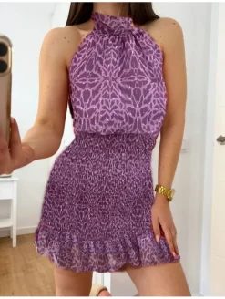 Vestido engomado MALVA mosaico cuello halter lazada Inés (D18)