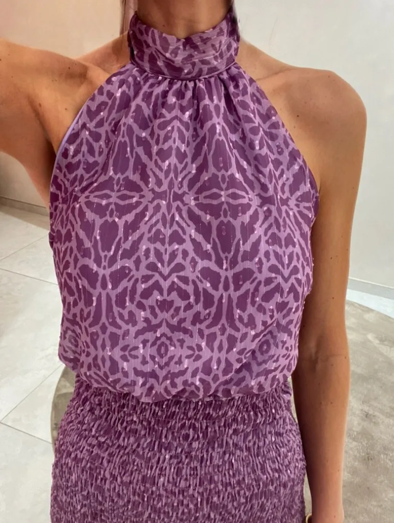 Vestido engomado MALVA mosaico cuello halter lazada Inés (D18)