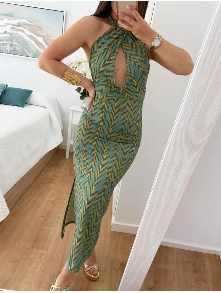 Vestido estampado geometrico VERDE Greta (D18)
