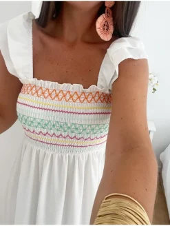 Vestido largo BLANCO pecho zig-zag multicolor México (L22)